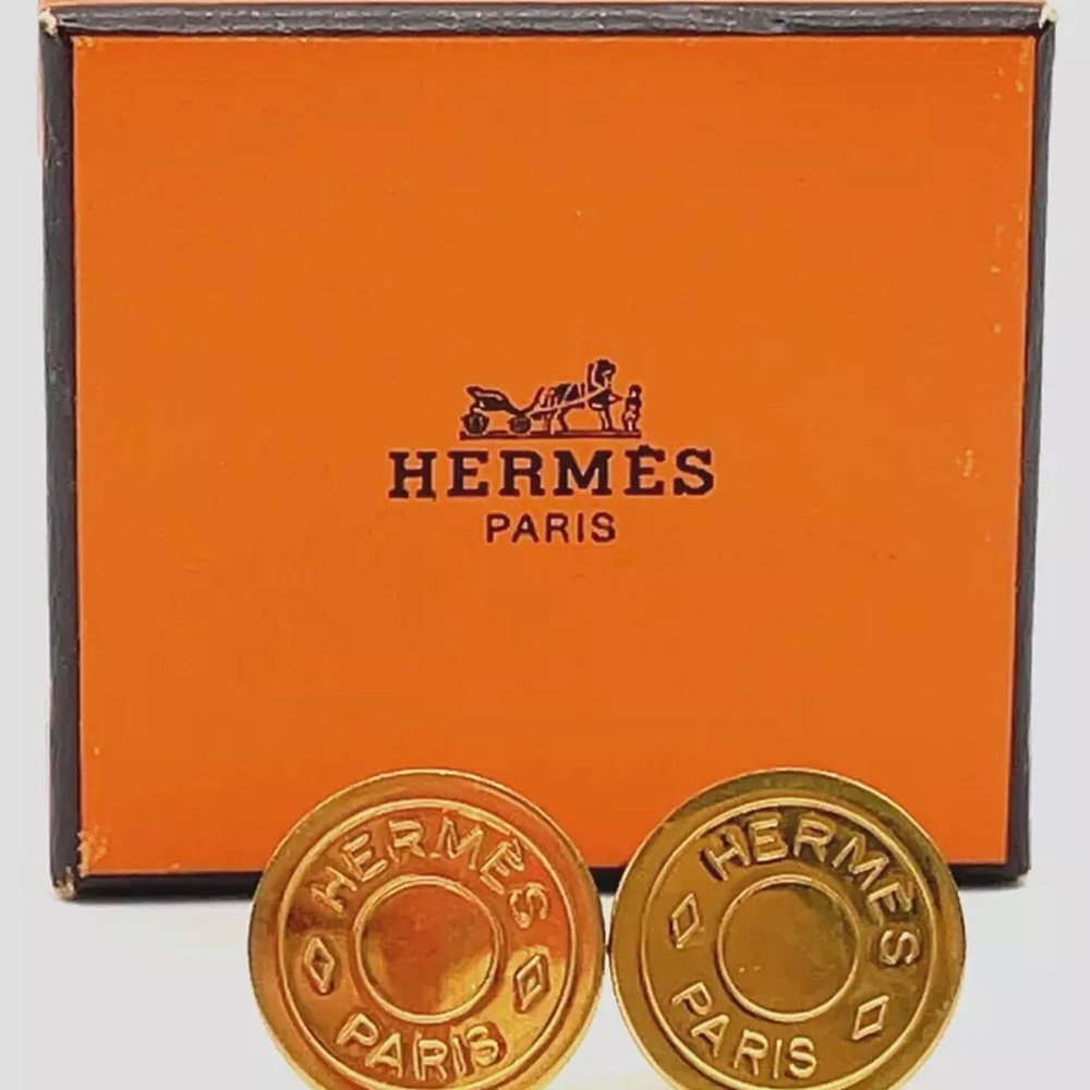 Authentic Hermes Serie Gold Color Round Shape Clip-on Earrings W/Box.